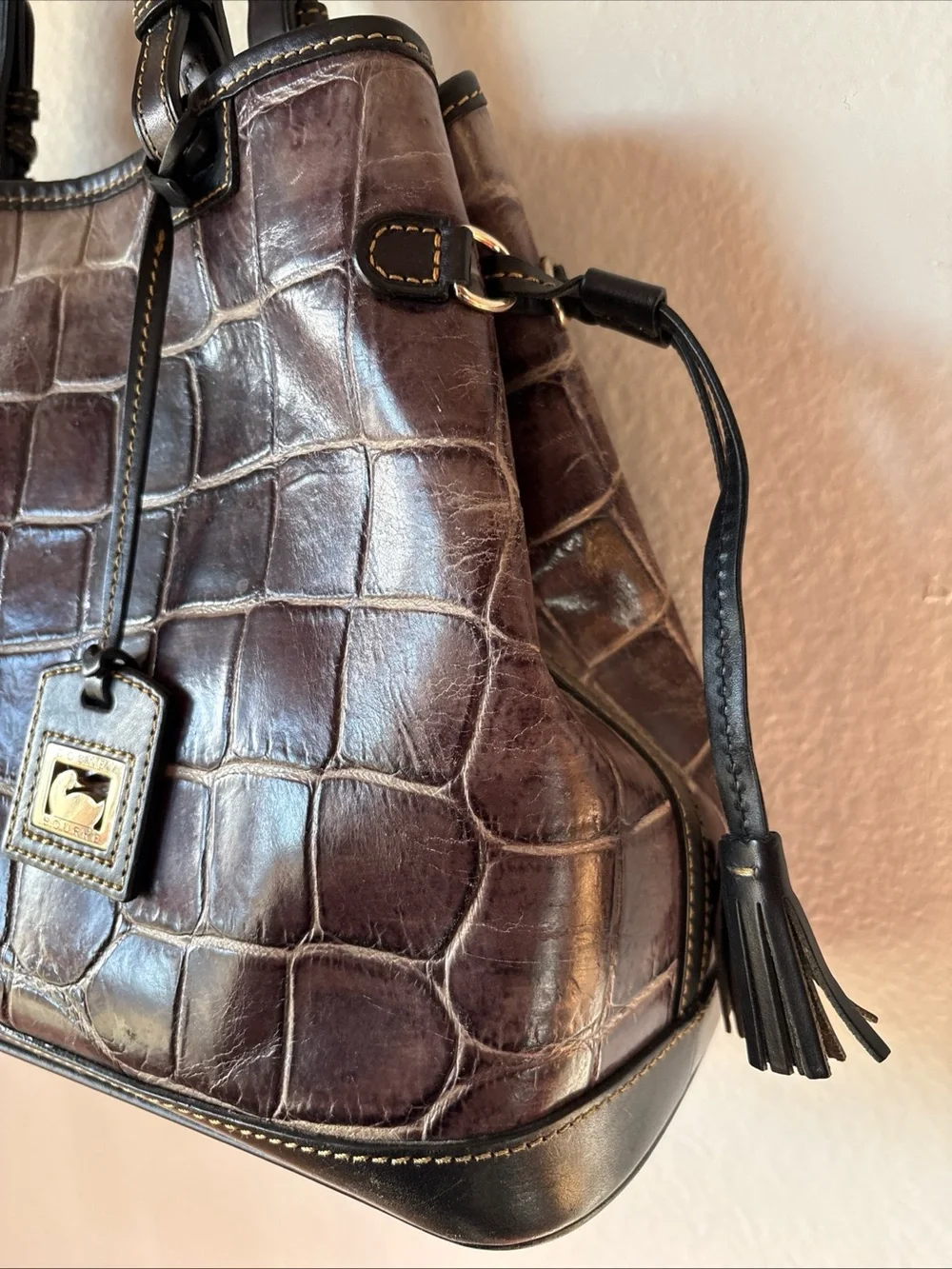 Dooney & Bourke Croc-Embossed Shoulder Tote - Deep Brown with Black Trim